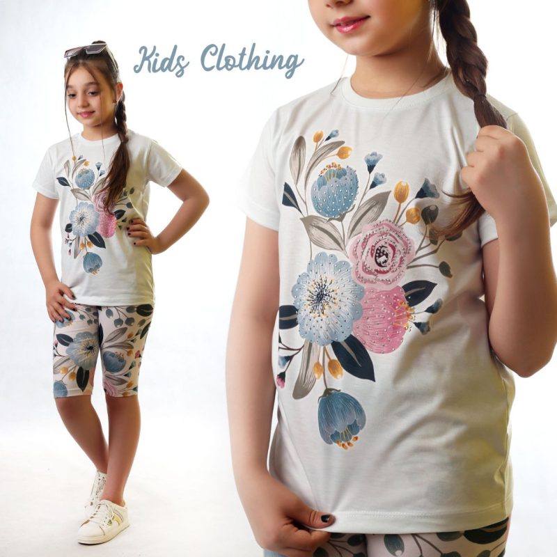 تیشرت شلوارک دخترانه گل آبی نگین‌دار(۶ تا ۱۴ سال) - Image 6