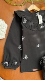شومیز مشکی دخترانه گلدوزی شده طرح پروانه (3 تا 11 سال) - Image 2