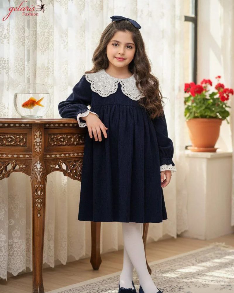 پیراهن دخترانه یقه گیپور سرمه ای طرح ثریا(2تا8سال) - Image 3